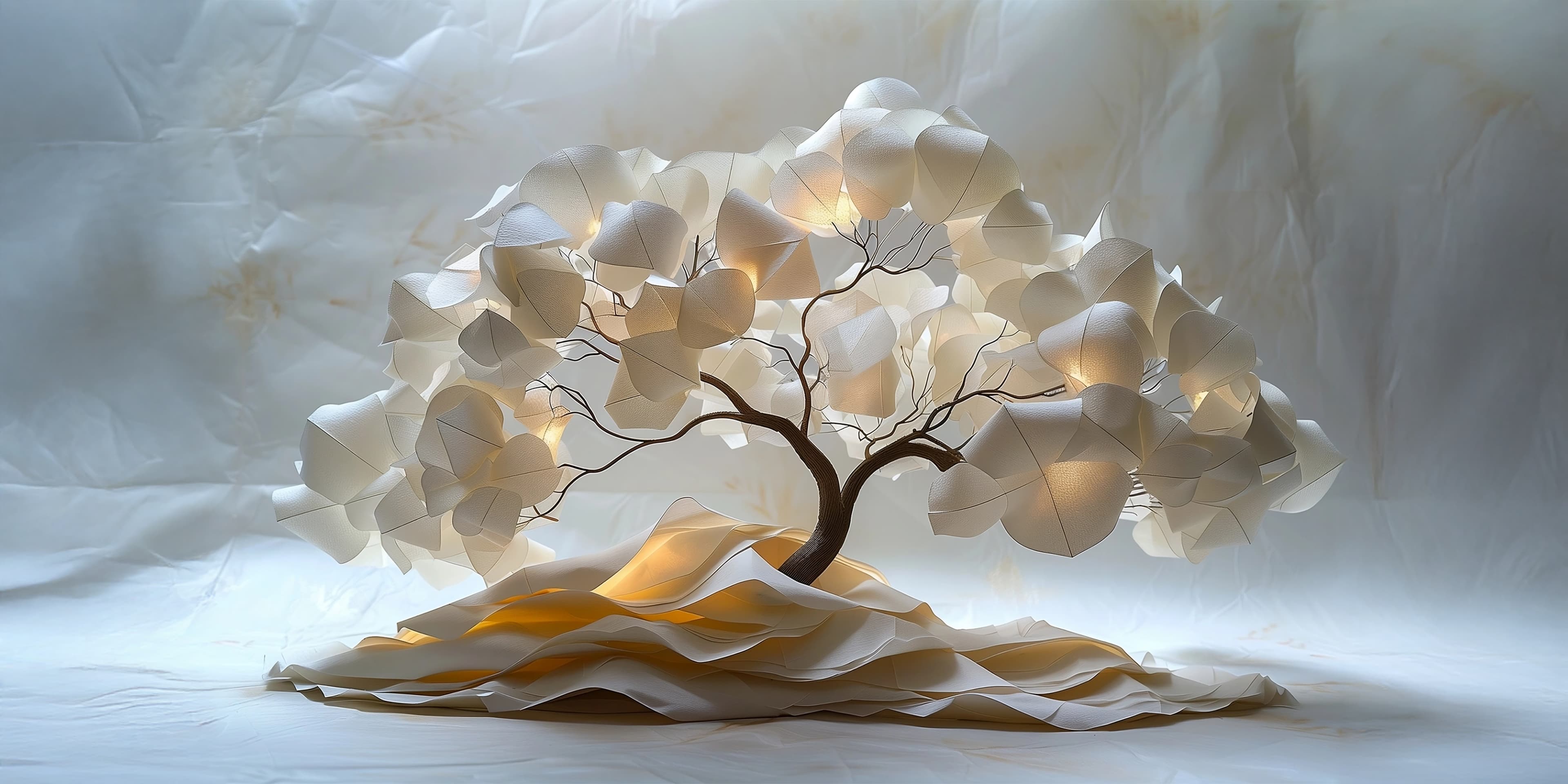 Sculpture d’arbre lumineux avec fleurs en papier blanc, posée sur un sol plissé dans un décor onirique