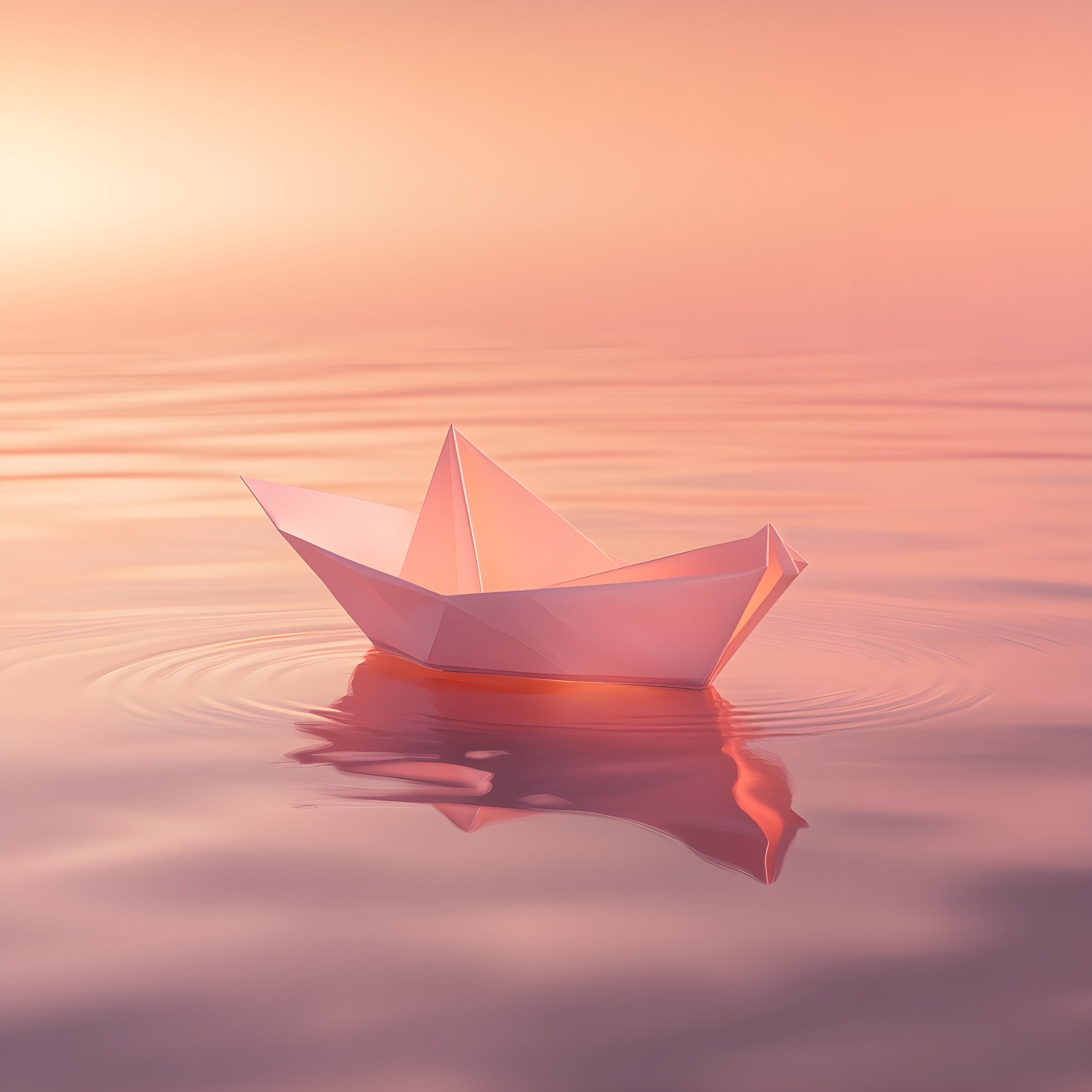 Bateau en papier flottant sur une eau calme au coucher du soleil, dans une ambiance rose pastel