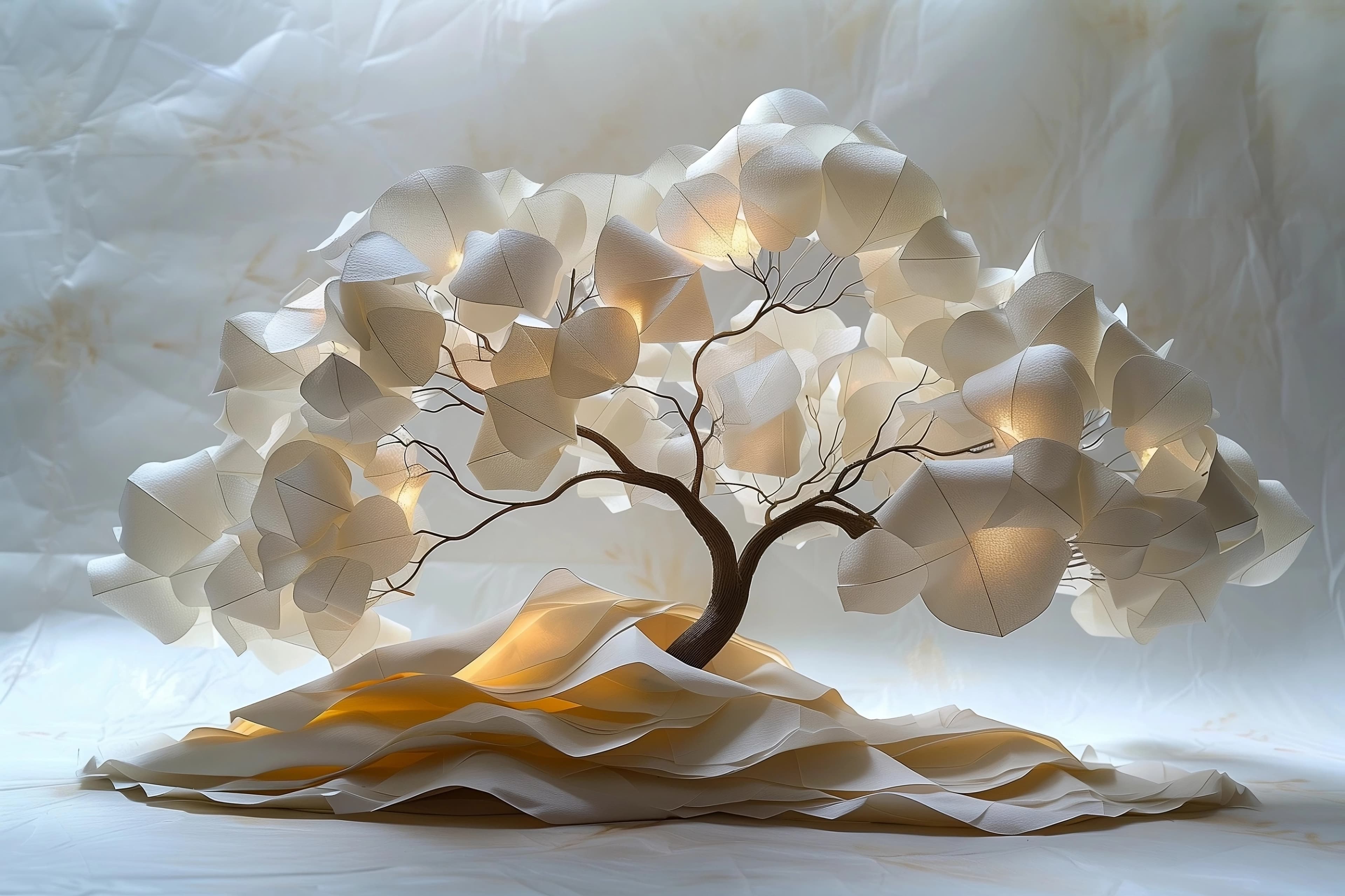 Sculpture d'arbre lumineux avec fleurs en papier blanc, posée sur un sol plissé dans un décor onirique